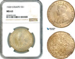 AK510, Straits Settlements, George V, 1 Dollar 1920, Bombay Mint, Silver, NGC MS63