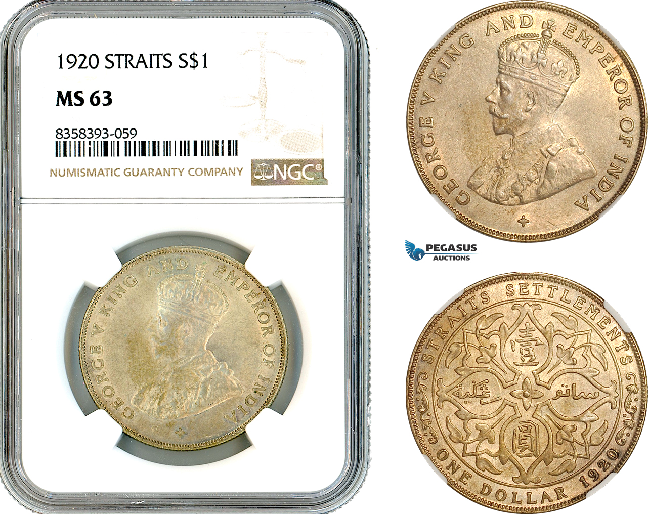 AK510, Straits Settlements, George V, 1 Dollar 1920, Bombay Mint, Silver, NGC MS63