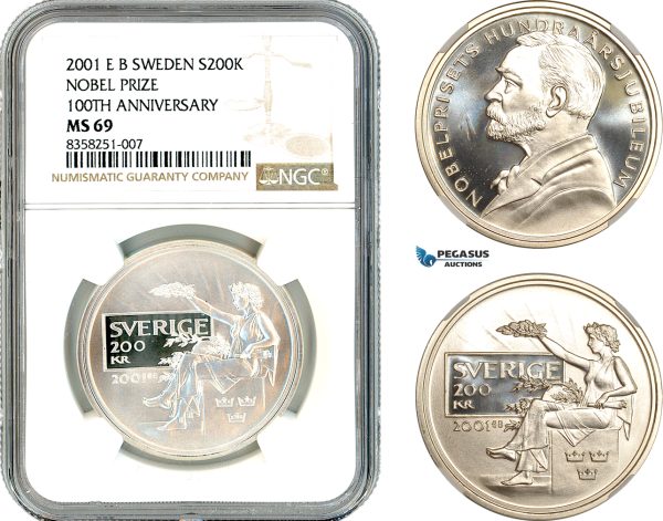 AK511, Sweden, Nobel Prize Centennial 200 Kronor 2001, Stockholm, Silver, NGC MS69