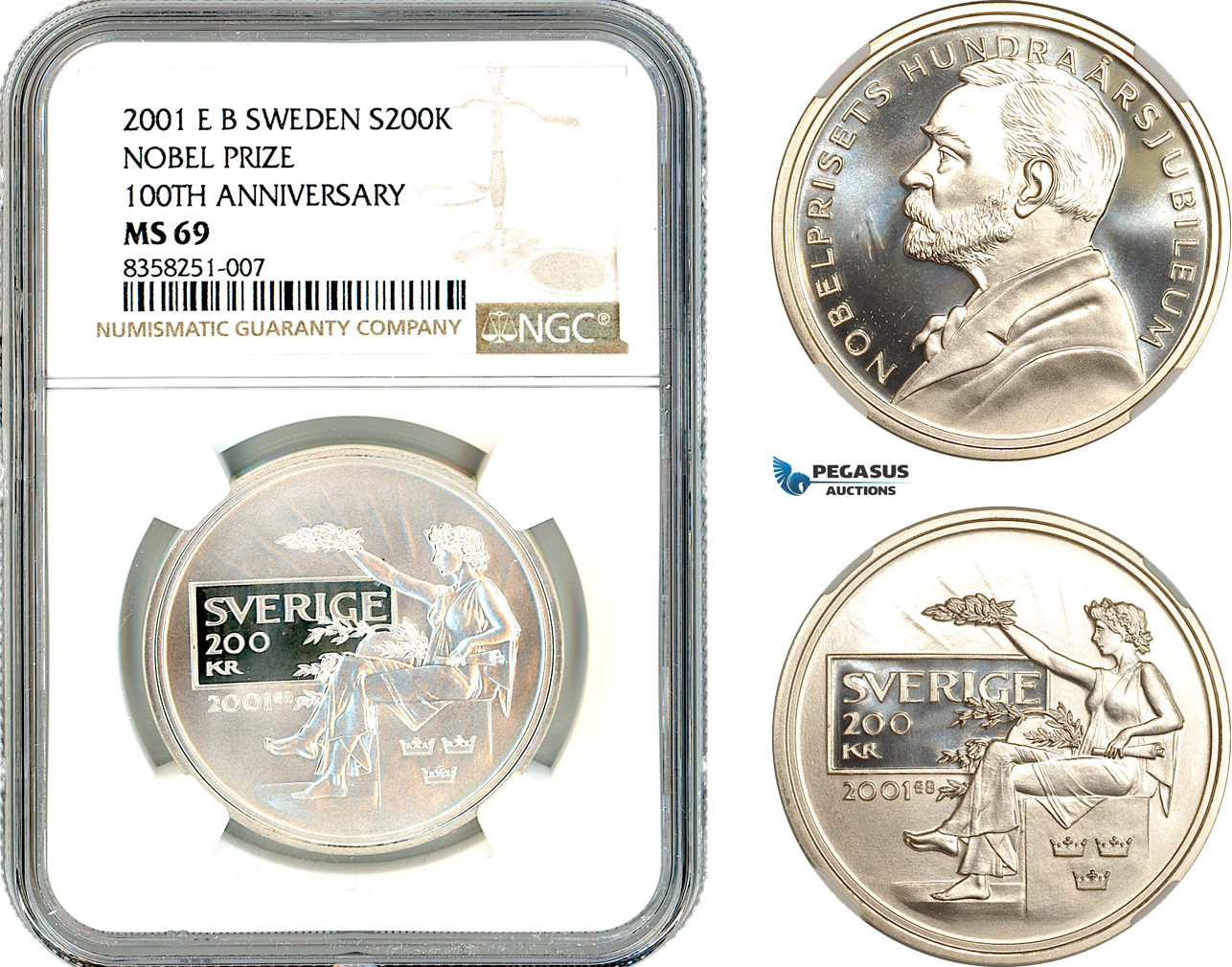 AK511, Sweden, Nobel Prize Centennial 200 Kronor 2001, Stockholm, Silver, NGC MS69
