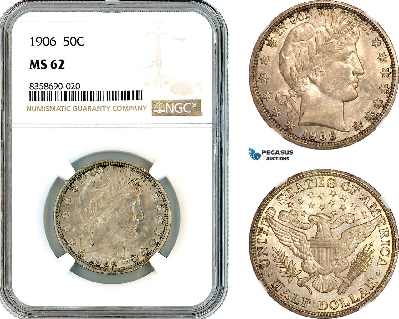 AK512, United States, Barber Half Dollar (50C) 1906, Philadelphia Mint, Silver, NGC MS62