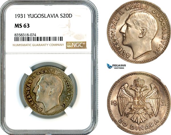 AK513, Yugoslavia, Alexander I, 20 Dinara 1931, Belgrade Mint, Silver, NGC MS63