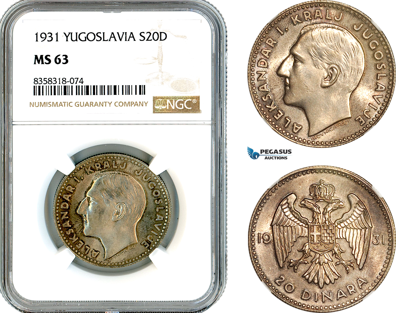 AK513, Yugoslavia, Alexander I, 20 Dinara 1931, Belgrade Mint, Silver, NGC MS63
