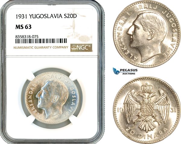 AK514, Yugoslavia, Alexander I, 20 Dinara 1931, Belgrade Mint, Silver, NGC MS63