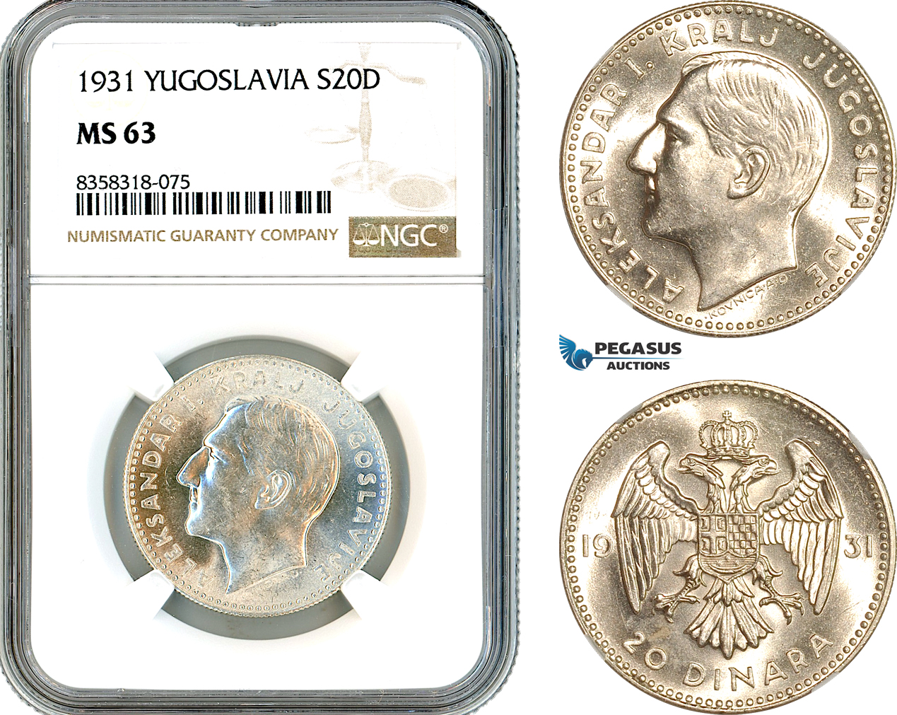 AK514, Yugoslavia, Alexander I, 20 Dinara 1931, Belgrade Mint, Silver, NGC MS63