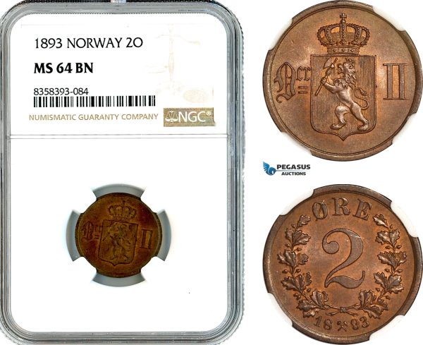 AK518, Norway, Oscar II, 2 Øre 1893, Kongsberg Mint, NGC MS64BN