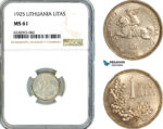 AK519, Lithuania, 1 Litas 1925, Silver, NGC MS61