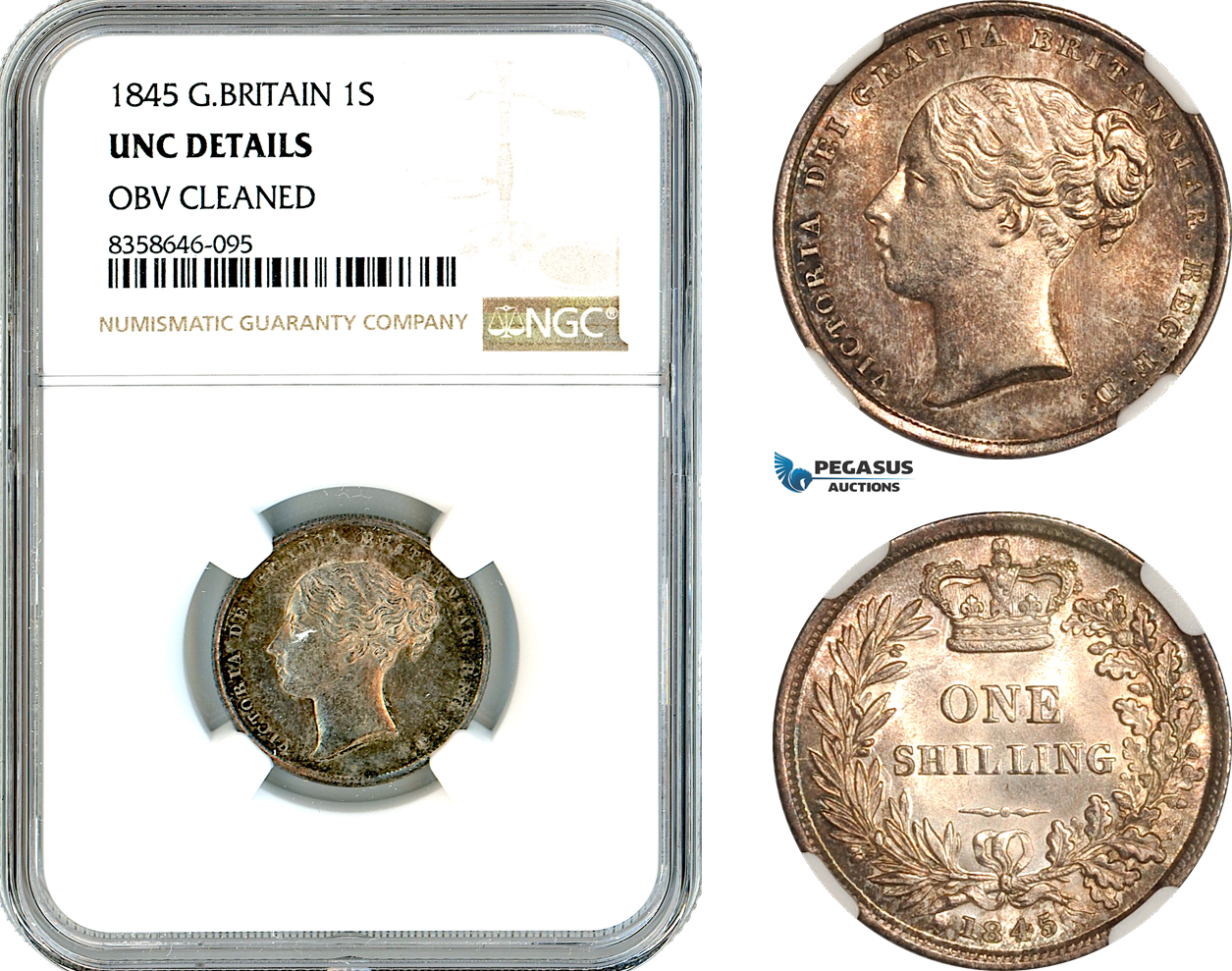 AK521, Great Britain, Victoria, 1 Shilling 1845, London Mint, Silver, NGC UNC Details
