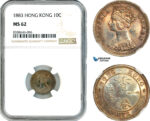 AK522, Hong Kong, Victoria, 10 Cents 1883 (Flat top 3), London Mint, Silver, NGC MS62