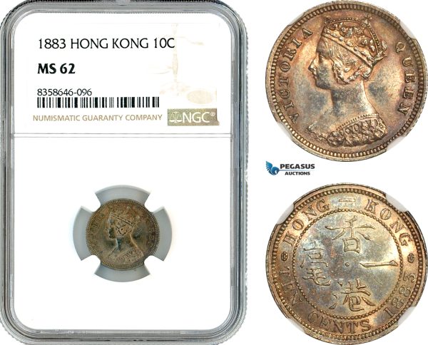 AK522, Hong Kong, Victoria, 10 Cents 1883 (Flat top 3), London Mint, Silver, NGC MS62