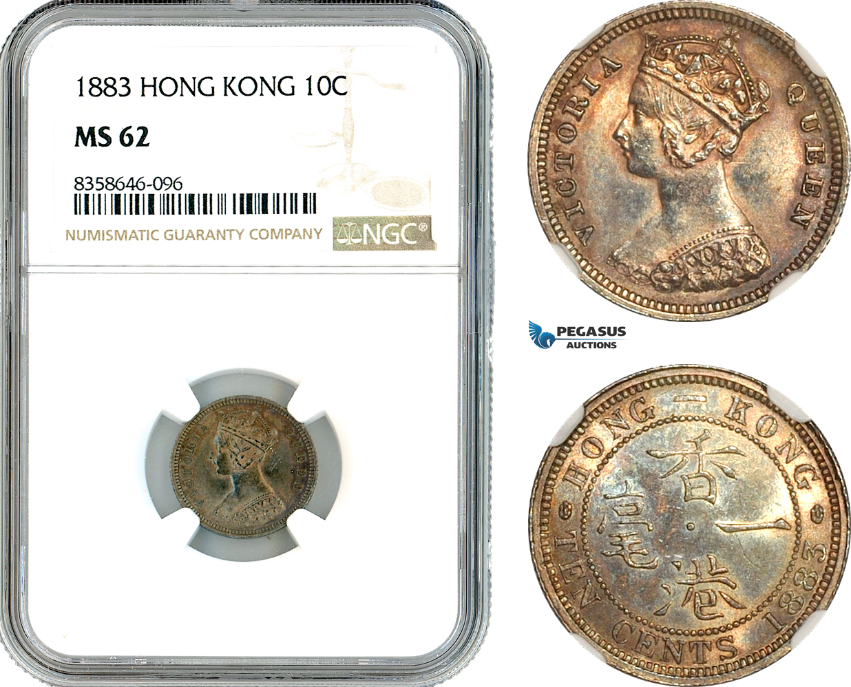 AK522, Hong Kong, Victoria, 10 Cents 1883 (Flat top 3), London Mint, Silver, NGC MS62