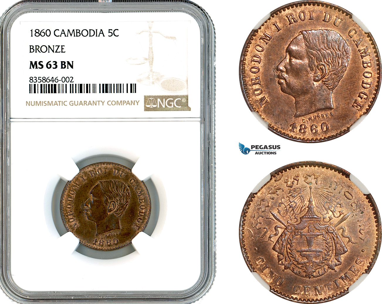 AK524, Cambodia, Norodom I, 5 Centimes 1860, Bronze, NGC MS63BN