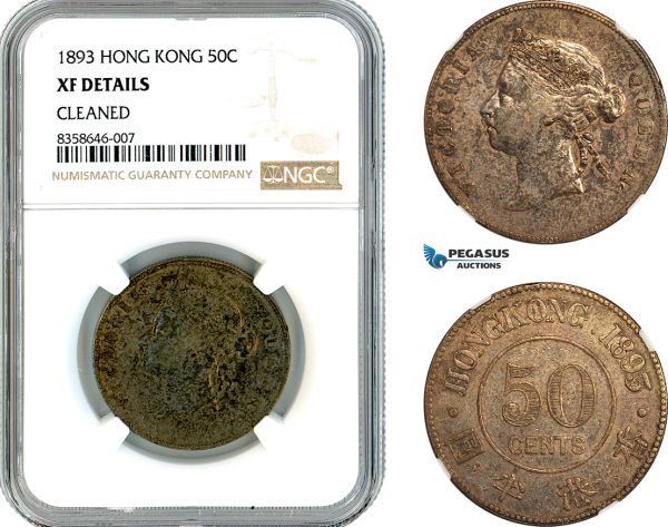 AK527, Hong Kong, Victoria, 50 cents 1893, London Mint, Silver, NGC XF Details