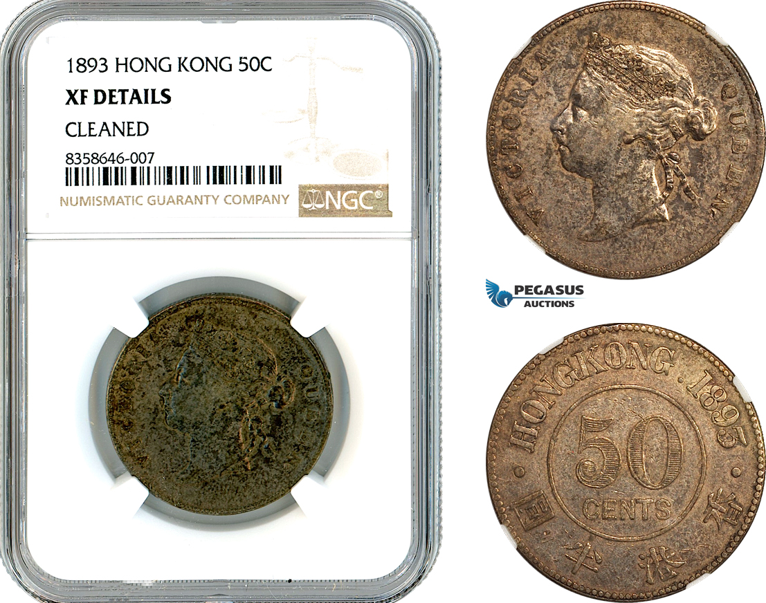AK527, Hong Kong, Victoria, 50 cents 1893, London Mint, Silver, NGC XF Details