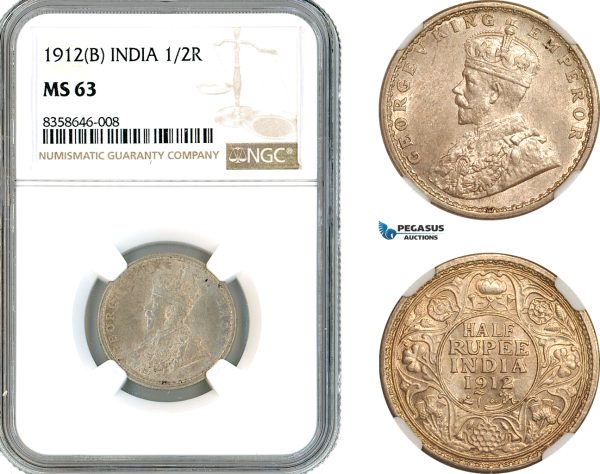 AK528, India (British) George V, 1/2 Rupee 1912 B, Bombay Mint, Silver, NGC MS63