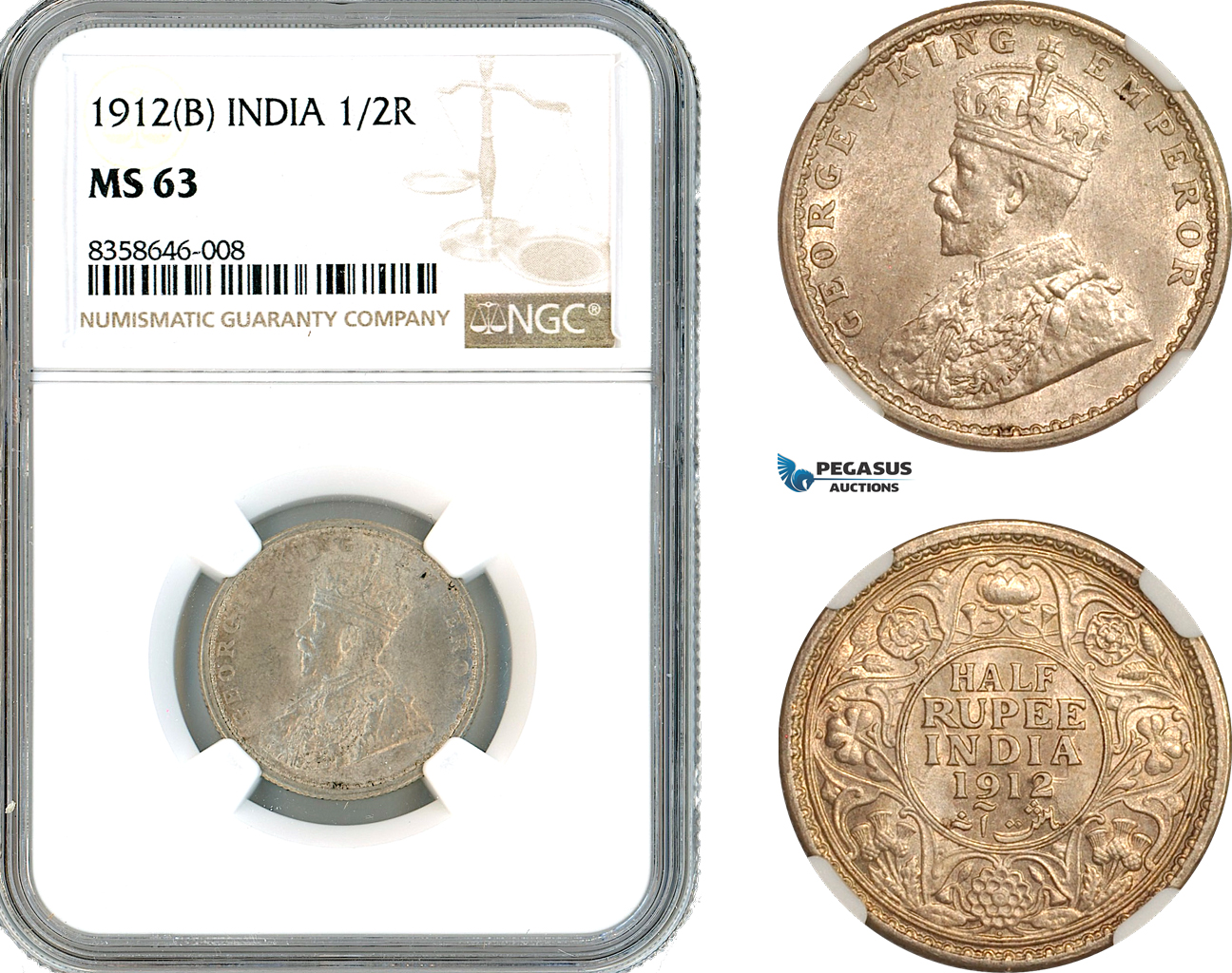 AK528, India (British) George V, 1/2 Rupee 1912 B, Bombay Mint, Silver, NGC MS63