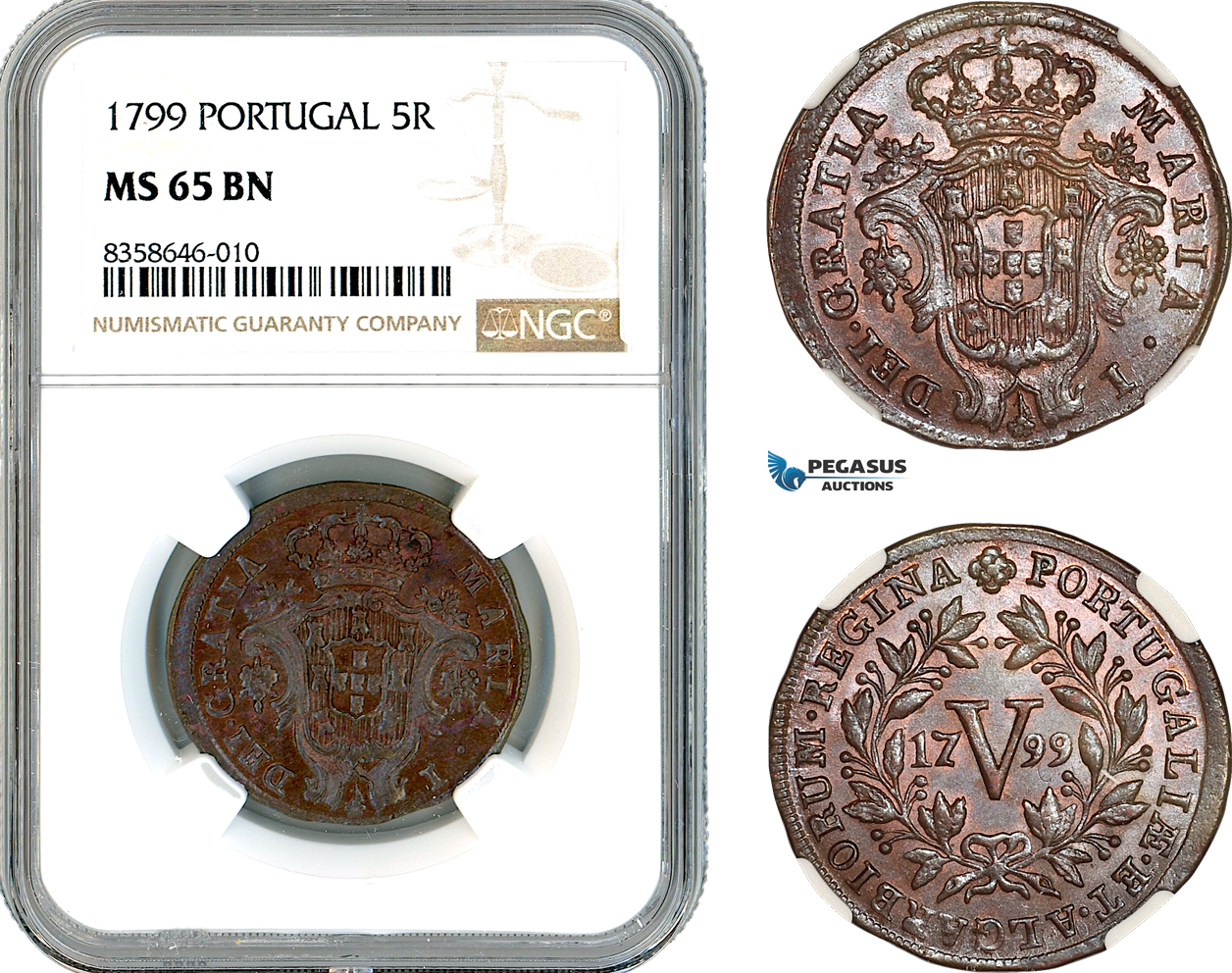 AK529, Portugal, Maria I, 5 Reis 1799, Lisbon Mint, NGC MS65BN, Top Pop & Single finest graded!