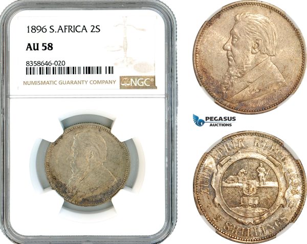 AK533, South Africa (ZAR) 2 Shillings 1896, Pretoria Mint, Silver, NGC AU58