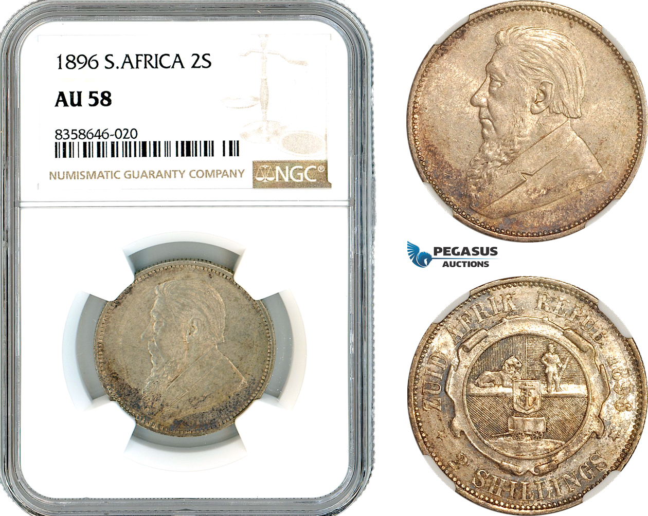 AK533, South Africa (ZAR) 2 Shillings 1896, Pretoria Mint, Silver, NGC AU58