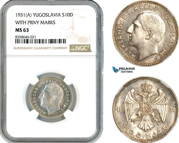 AK534, Yugoslavia, Alexander I, 10 Dinara 1931 A, Paris Mint, Silver, NGC MS63