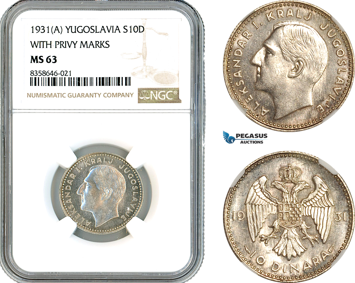AK534, Yugoslavia, Alexander I, 10 Dinara 1931 A, Paris Mint, Silver, NGC MS63