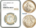 AK538, Great Britain, George V, 1/2 Crown 1918, London Mint, Silver, NGC MS62