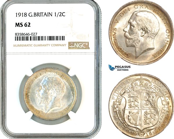 AK538, Great Britain, George V, 1/2 Crown 1918, London Mint, Silver, NGC MS62