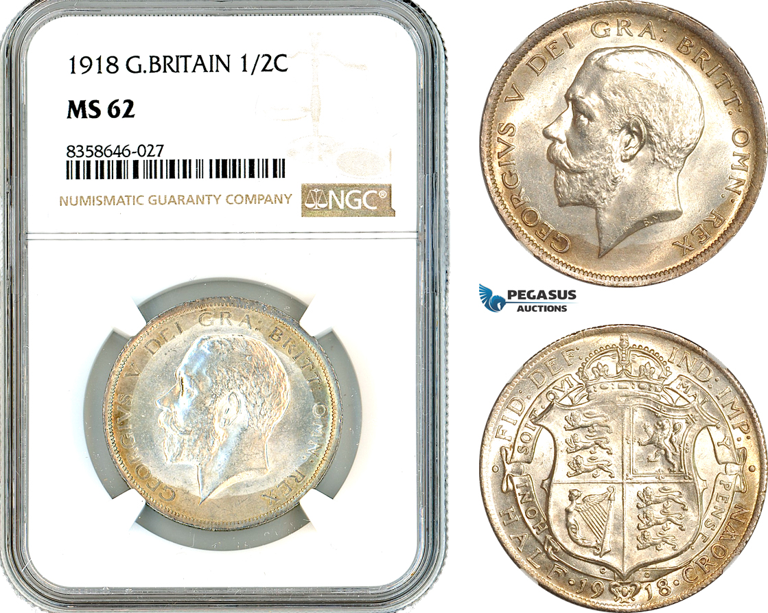 AK538, Great Britain, George V, 1/2 Crown 1918, London Mint, Silver, NGC MS62