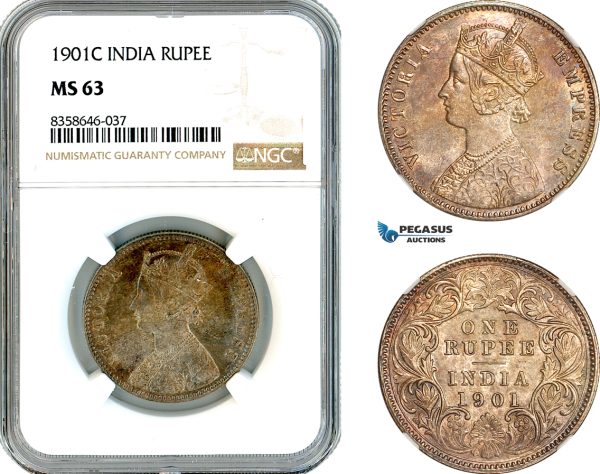 AK541, India (British) Victoria, 1 Rupee 1901 C, Calcutta Mint, Silver, NGC MS63