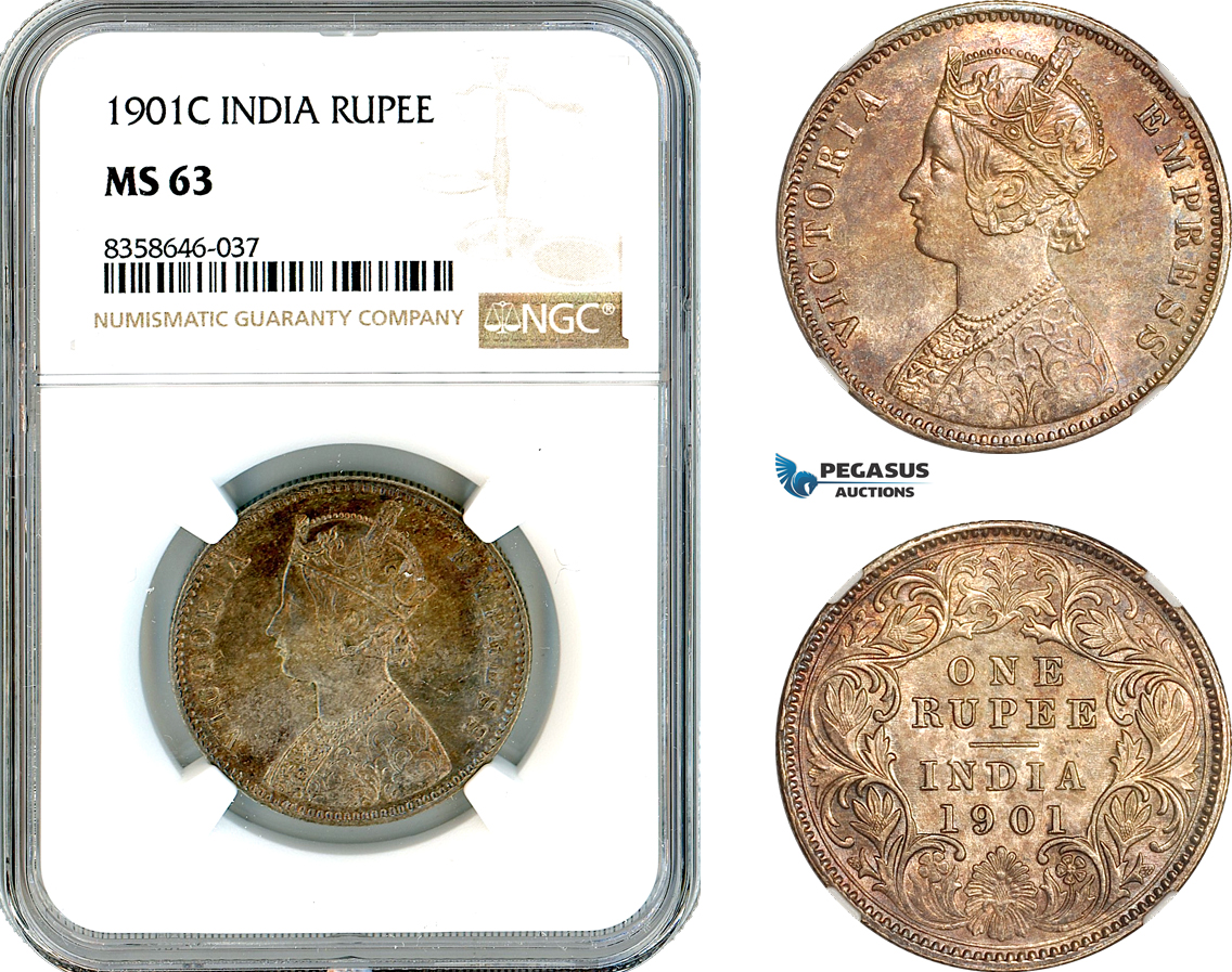 AK541, India (British) Victoria, 1 Rupee 1901 C, Calcutta Mint, Silver, NGC MS63