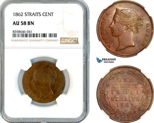 AK543, Straits Settlements, Victoria, 1 Cent 1862, Calcutta Mint, NGC AU58BN