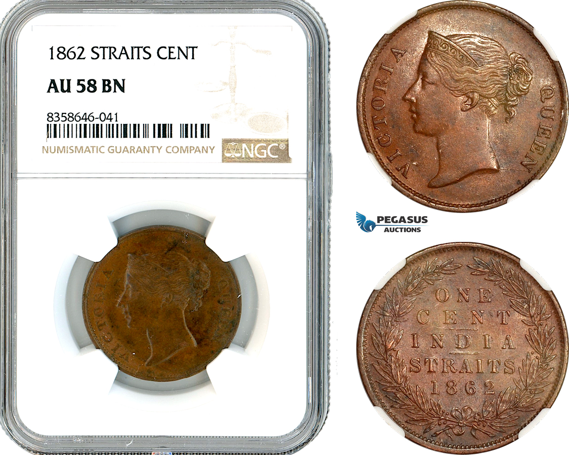 AK543, Straits Settlements, Victoria, 1 Cent 1862, Calcutta Mint, NGC AU58BN
