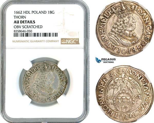 AK547, Poland, Thorn, Johann Casimir, 18 Groszy 1662 HDL, Silver, NGC AU Details