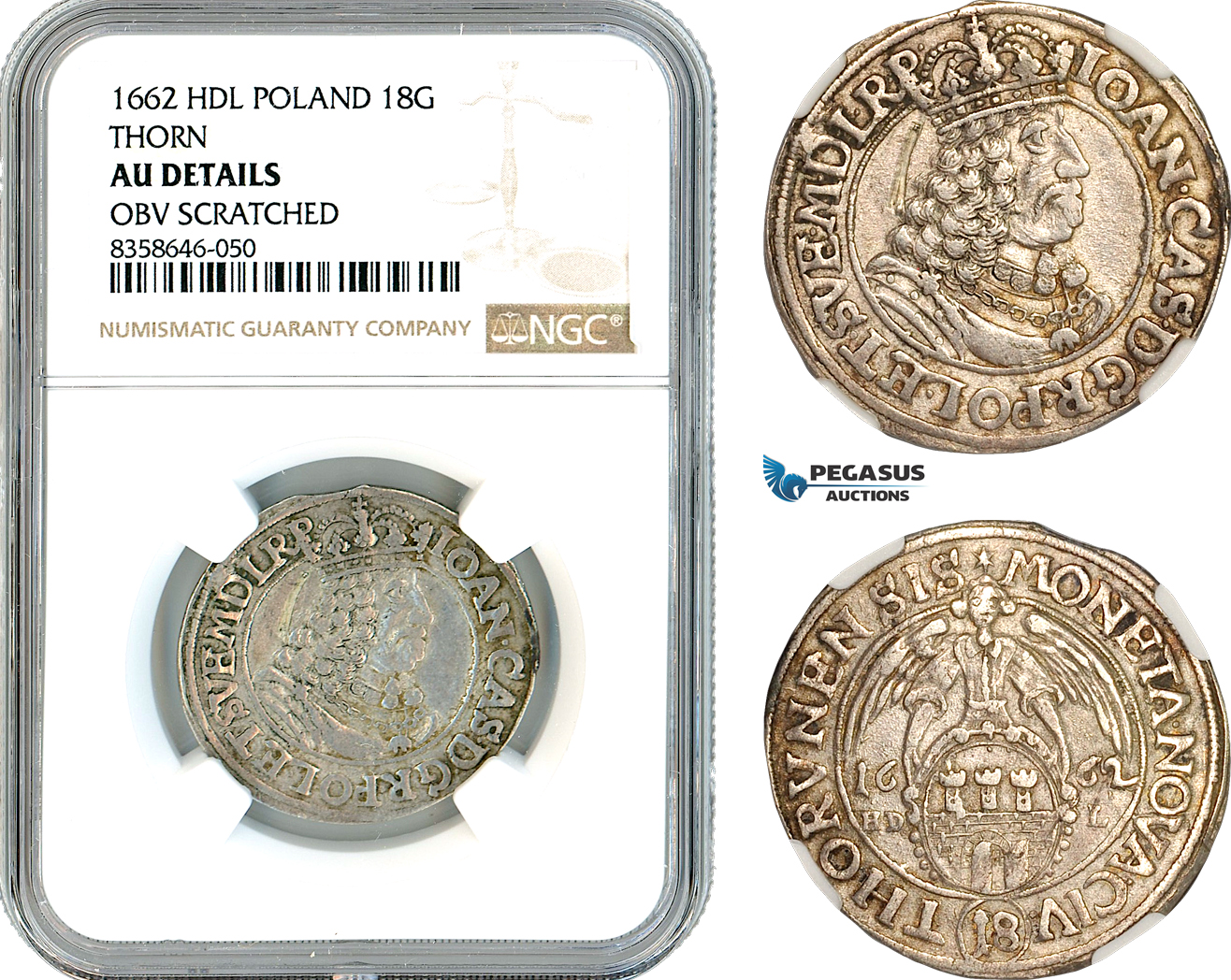 AK547, Poland, Thorn, Johann Casimir, 18 Groszy 1662 HDL, Silver, NGC AU Details