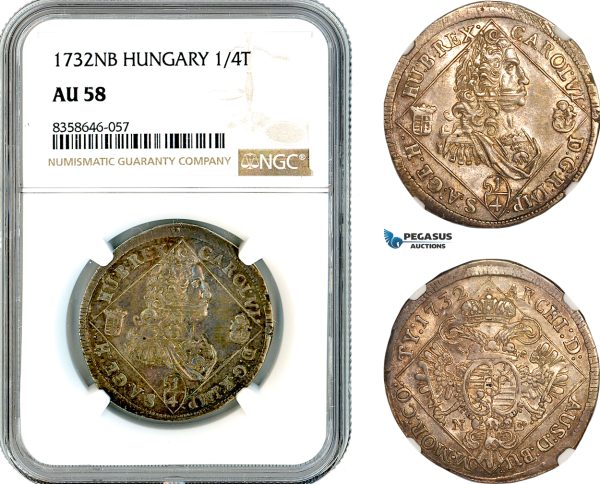 AK549, Hungary, Charles III, 1/4 Taler 1732 NB, Nagybanya Mint, Silver, NGC AU58