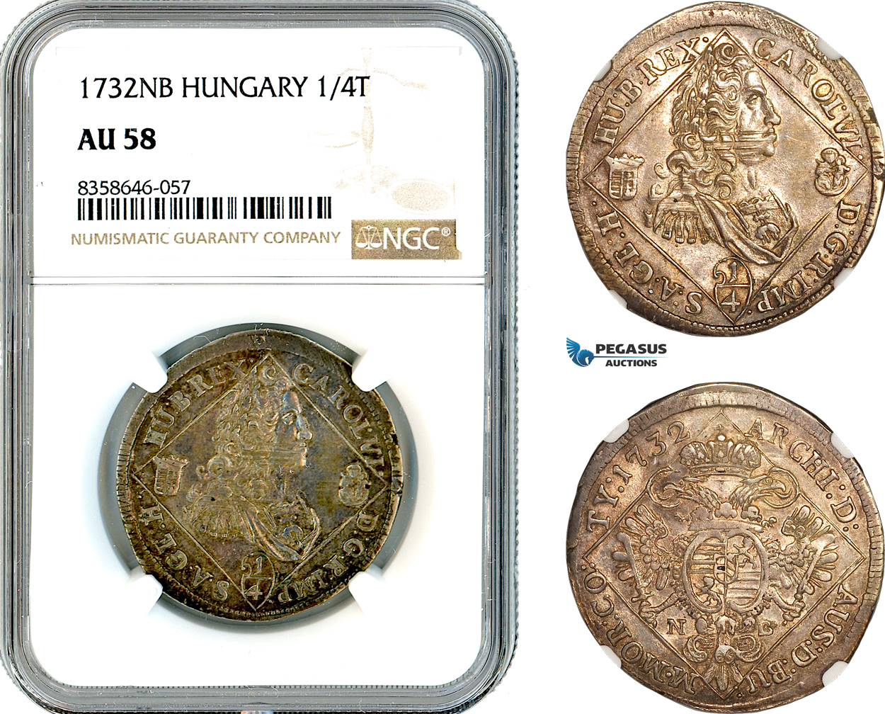 AK549, Hungary, Charles III, 1/4 Taler 1732 NB, Nagybanya Mint, Silver, NGC AU58