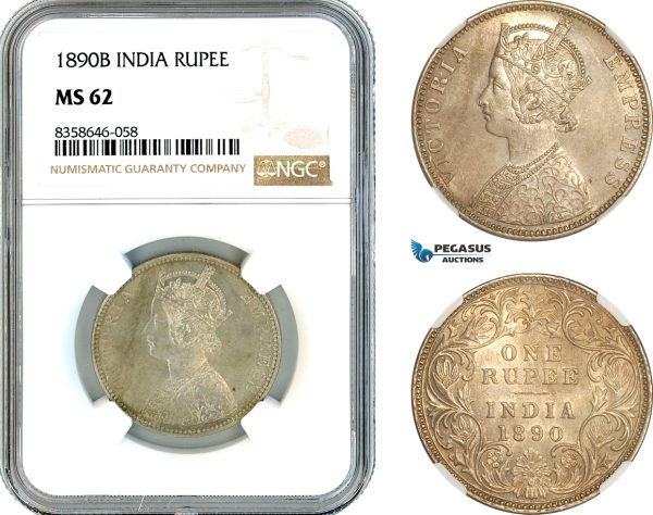 AK551, India (British) Victoria, 1 Rupee 1890 B, Bombay Mint, Silver, NGC MS62
