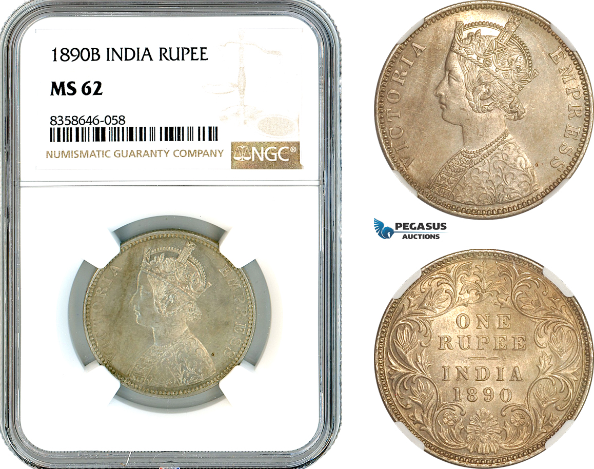 AK551, India (British) Victoria, 1 Rupee 1890 B, Bombay Mint, Silver, NGC MS62