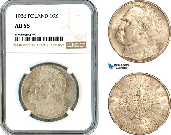 AK552, Poland, 10 Zlotych 1936 "Jozef Pilsudski" Silver, NGC AU58