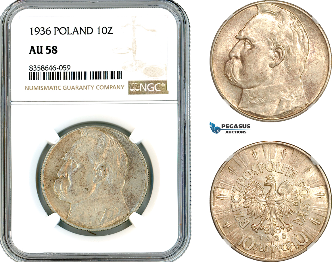 AK552, Poland, 10 Zlotych 1936 "Jozef Pilsudski" Silver, NGC AU58