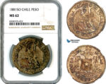 AK553, Chile, 1 Peso 1881 SO, Santiago Mint, Silver, NGC MS62