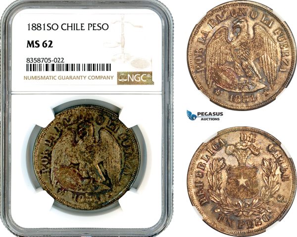 AK553, Chile, 1 Peso 1881 SO, Santiago Mint, Silver, NGC MS62