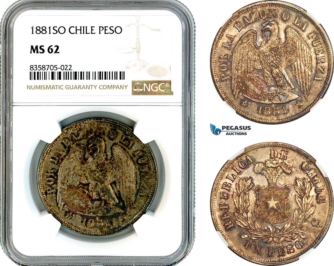 AK553, Chile, 1 Peso 1881 SO, Santiago Mint, Silver, NGC MS62