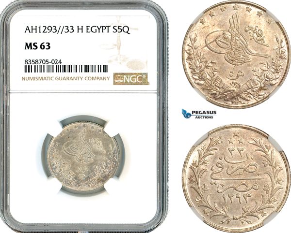 AK555, Ottoman Empire, Egypt, Abdülhamid II, 5 Qirsh AH1293//33 H, Heaton Mint, Silver, NGC MS63