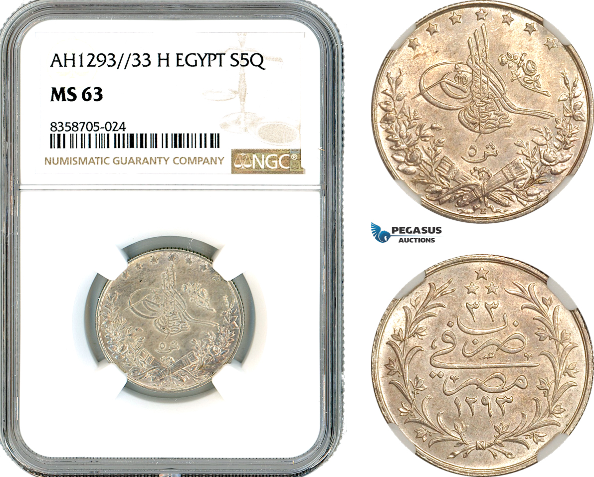 AK555, Ottoman Empire, Egypt, Abdülhamid II, 5 Qirsh AH1293//33 H, Heaton Mint, Silver, NGC MS63
