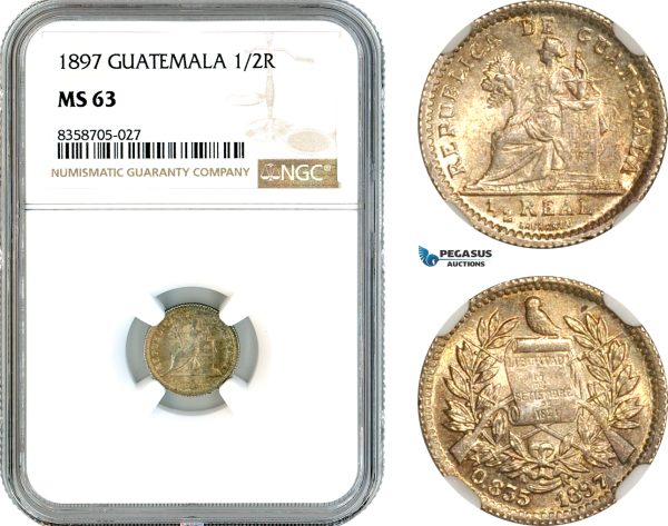 AK557, Guatemala, 1/2 Real 1897, Guatemala Mint, Silver, NGC MS63