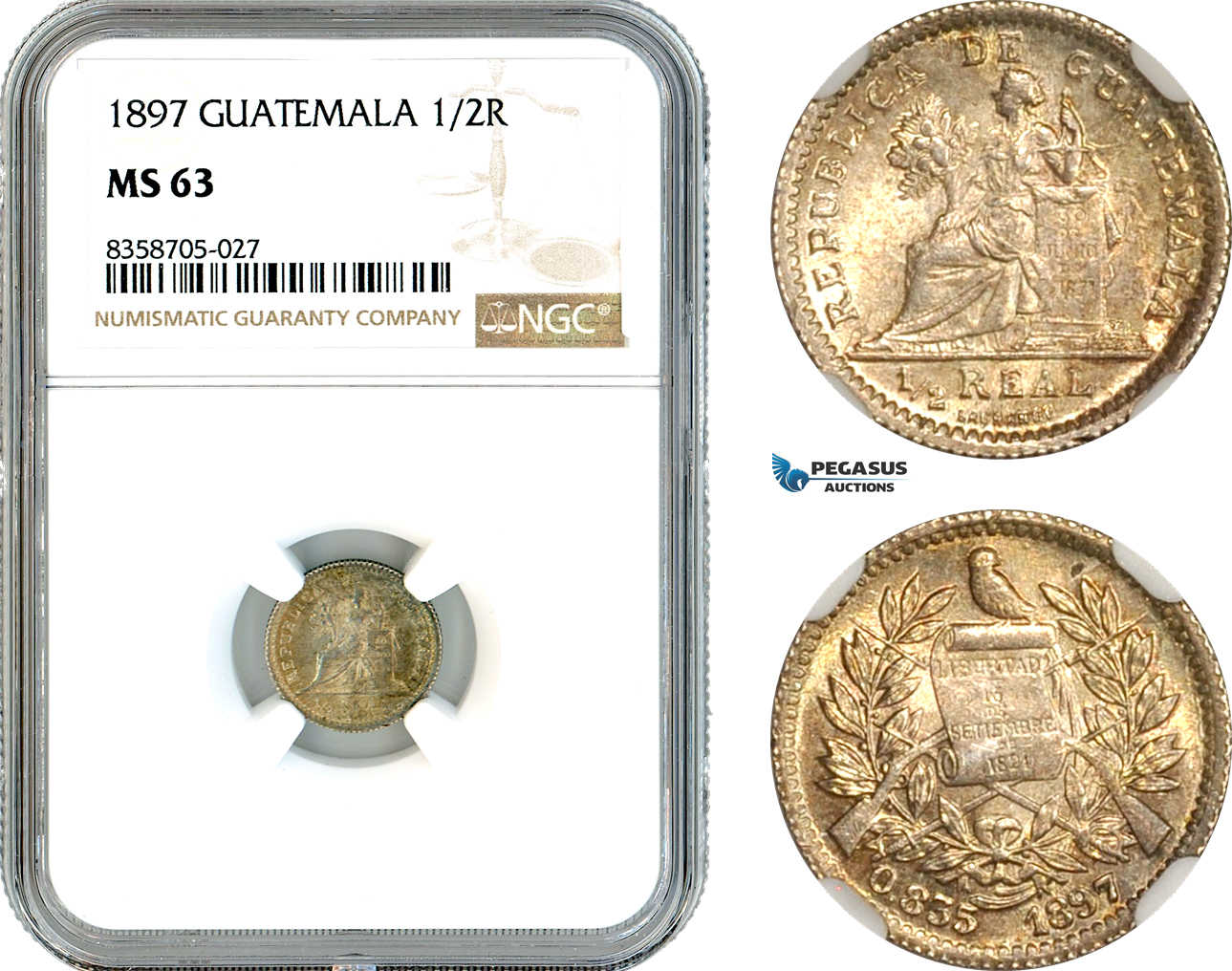AK557, Guatemala, 1/2 Real 1897, Guatemala Mint, Silver, NGC MS63