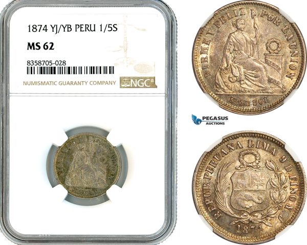 AK558, Peru, 1/5 Sol 1874 YJ/YB, Lima Mint, Silver, Silver, NGC MS62