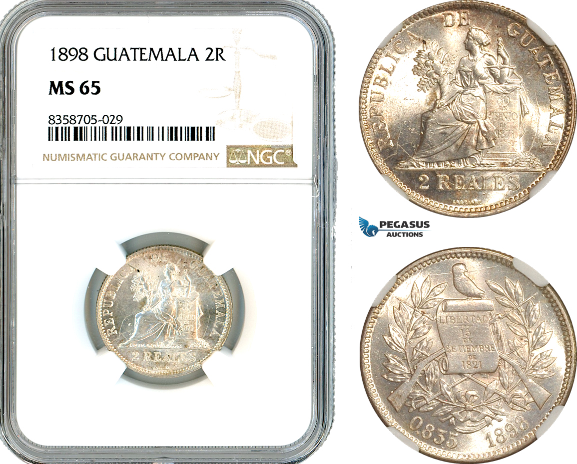 AK559, Guatemala, 2 Reales 1898, Guatemala Mint, Silver, NGC MS65