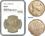 AK560, Latvia, 5 Lati 1931, Silver, NGC MS63